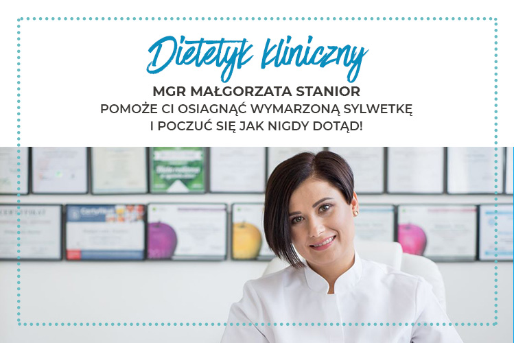 Grafika informacyjna o usługach dietetycznych świadczonych przez mgr Joannę Stanior, dietetyka klinicznego.